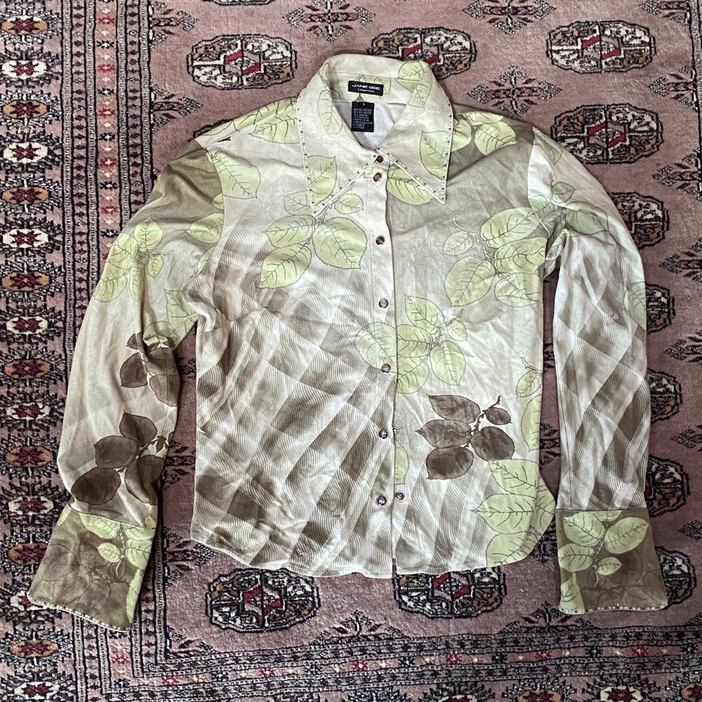 Suede-like leaf pattern Jane Doe brand Shirt with Pearl Snap buttons Size L